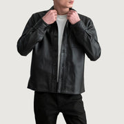 Scout 黑色 Leather Shirt 男士 in Black Sheepskin Leather - Front Profile View &amp; Tailored Silhouette | Buy Online