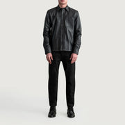 Close-Up Detail of Shirt &amp; Buttons Hardware on Scout 黑色 Leather Shirt 男士
