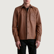 
Scout Matte 复古棕 Leather Shirt 男士 in Matte Brown Cowhide Leather - 正面版型与定制立体剪裁轮廓 | 官方商城选购