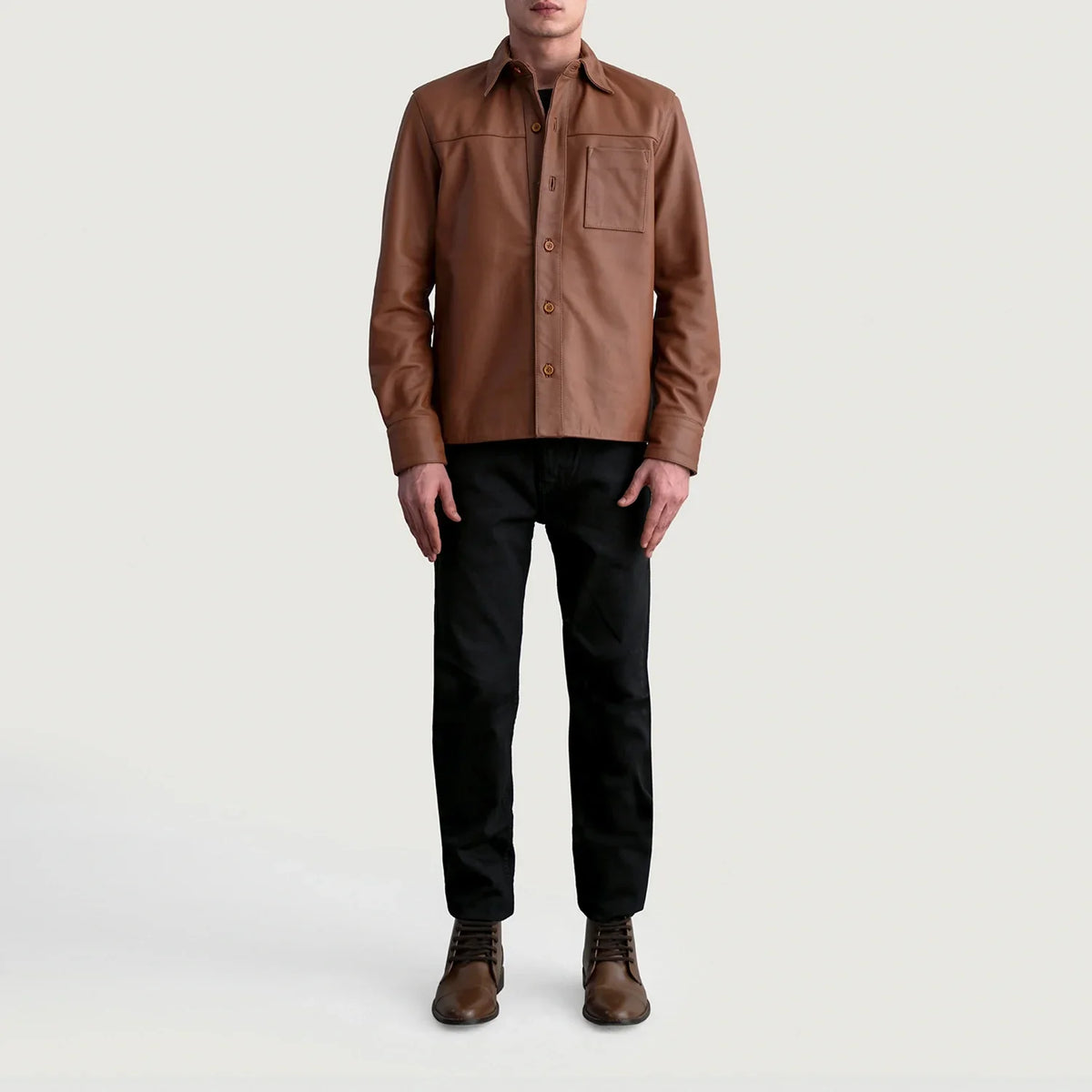 
细节特写 of Shirt & Buttons Hardware on Scout Matte 复古棕 Leather Shirt 男士