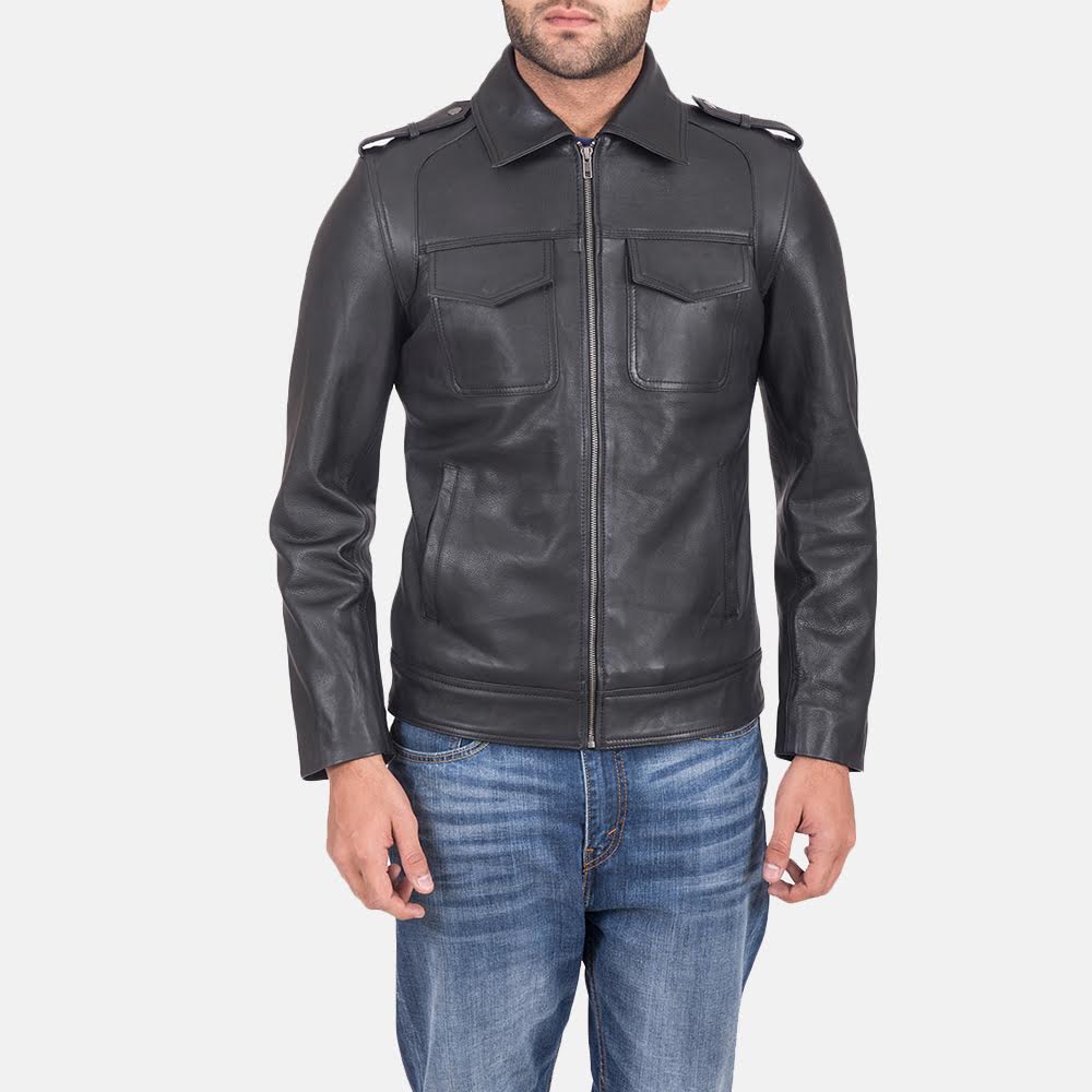 Sergeant 黑色 真皮夹克 男士 in Black Calfskin Leather - Front Profile View &amp; Tailored Silhouette | Buy Online