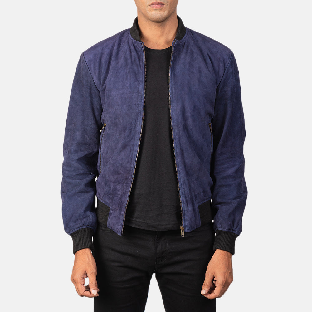 Men's Shane Navy Blue Suede Bomber Jacket in Blue Goatskin Suede - Front Profile View &amp; Tailored Silhouette | Buy Online