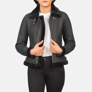 
Sherilyn B-3 Distressed Black Leather Bomber Jacket in Distressed Black Sheepskin Snuffed - 正面版型与定制立体剪裁轮廓 | 官方商城选购