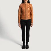 Women's Sleeky Clean 浅褐色 真皮机车夹克 女士 - Lateral Side Profile View Showing Sleeve Cut &amp; Athletic Taper Fit