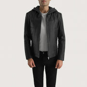 Men's Spratt 黑色 Hooded 真皮夹克 男士 in Black Goatskin Leather - Front Profile View &amp; Tailored Silhouette | Buy Online