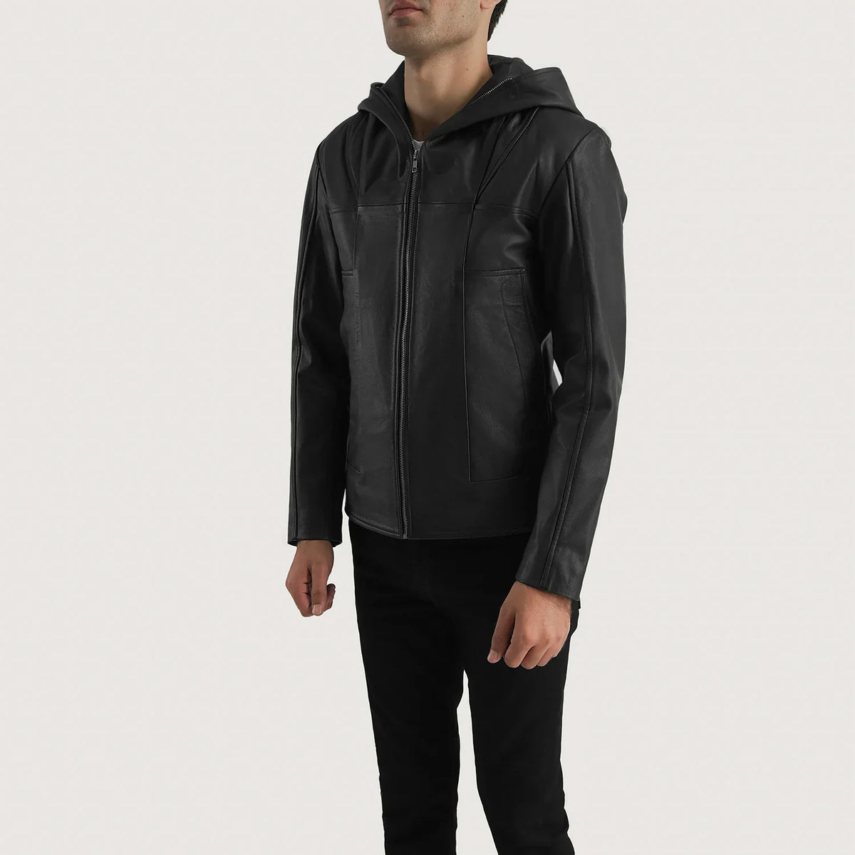 Men's Spratt 黑色 Hooded 真皮夹克 男士 - Lateral Side Profile View Showing Sleeve Cut &amp; Athletic Taper Fit
