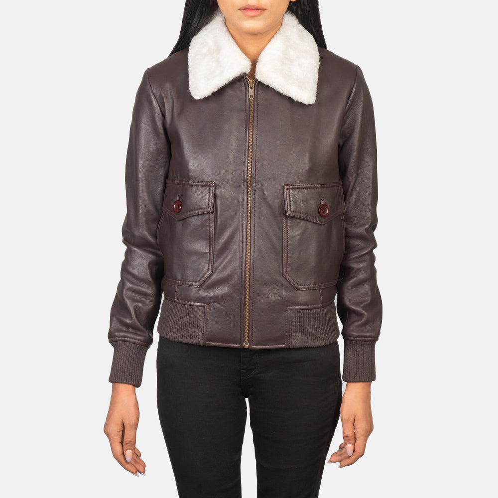 
细节特写 of Shirt with Removable Collar & Zipper Hardware on Stella G-1 Maroon Leather Bomber Jacket