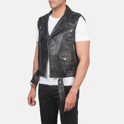 
Black Cowhide Leather Biker Jacket - 展现肩线贴合与利落下摆的背部视角