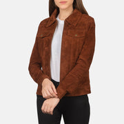
Suzy Brown Suede Trucker Jacket in Brown Goatskin Suede - 正面版型与定制立体剪裁轮廓 | 官方商城选购