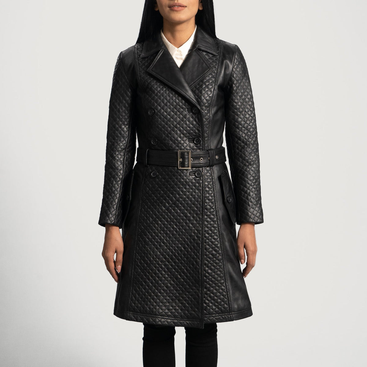 
Sweet Susan 经典黑 真皮风衣大衣 女士 in Black Sheepskin Leather - 正面版型与定制立体剪裁轮廓 | 官方商城选购