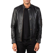 Men's Tea House 黑色 真皮机车夹克 男士 in Black Sheepskin Leather - Front Profile View &amp; Tailored Silhouette | Buy Online