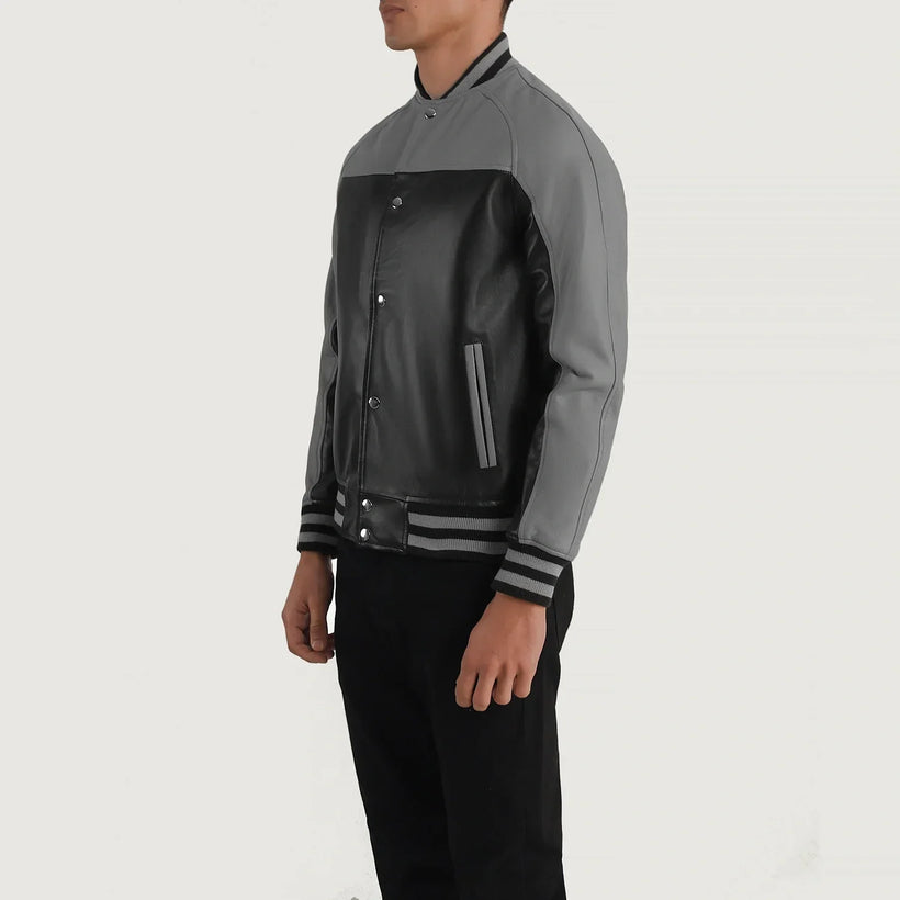 Terrance 黑色 Varsity 真皮夹克 男士
