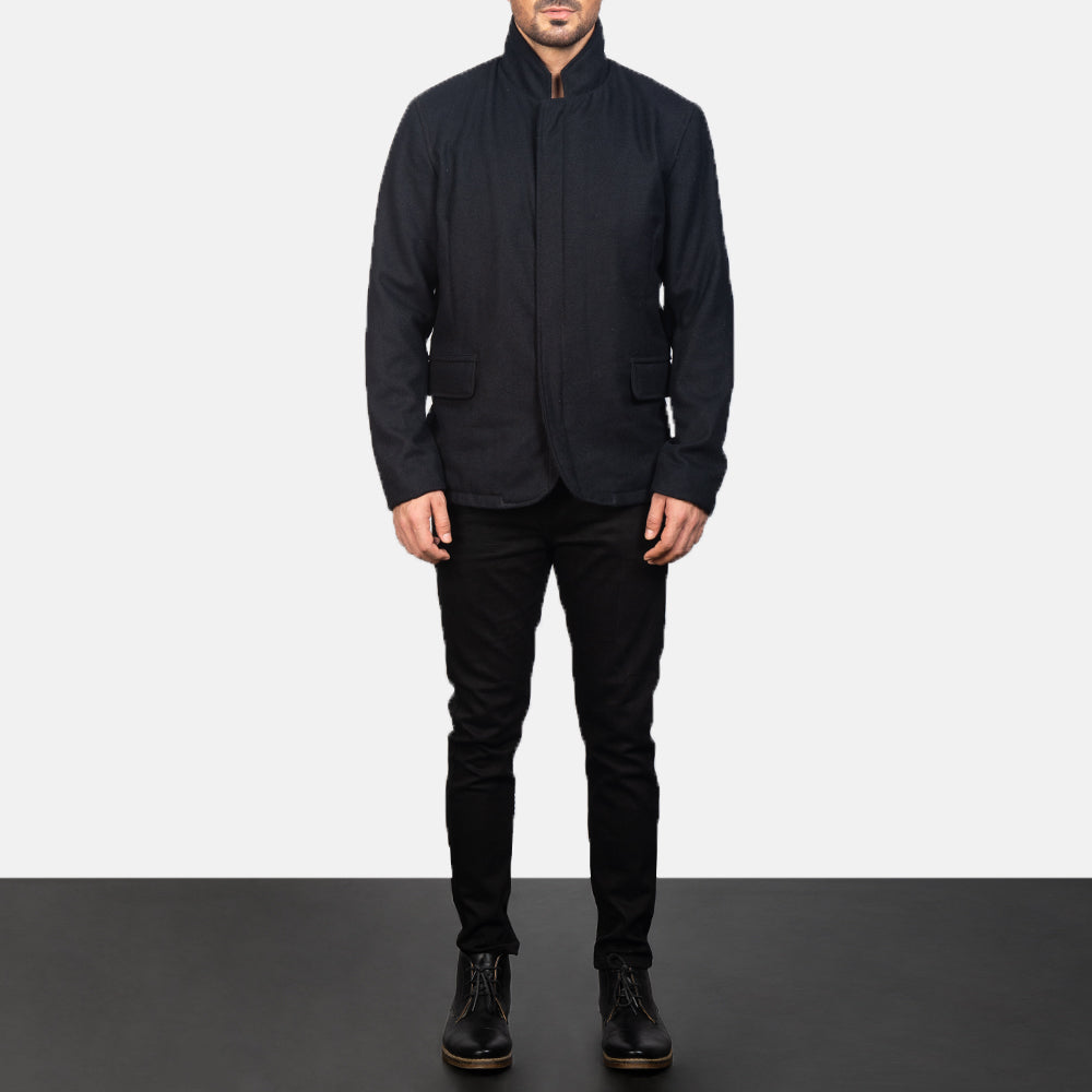 Men's Thomas 黑色 Wool 真皮夹克 男士 - Lateral Side Profile View Showing Sleeve Cut &amp; Athletic Taper Fit