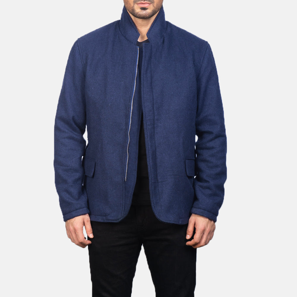 Men's Thomas Blue Wool 真皮夹克 男士 in Navy Blue Synthetic Wool - Front Profile View &amp; Tailored Silhouette | Buy Online