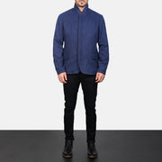 Men's Thomas Blue Wool 真皮夹克 男士 - Lateral Side Profile View Showing Sleeve Cut &amp; Athletic Taper Fit