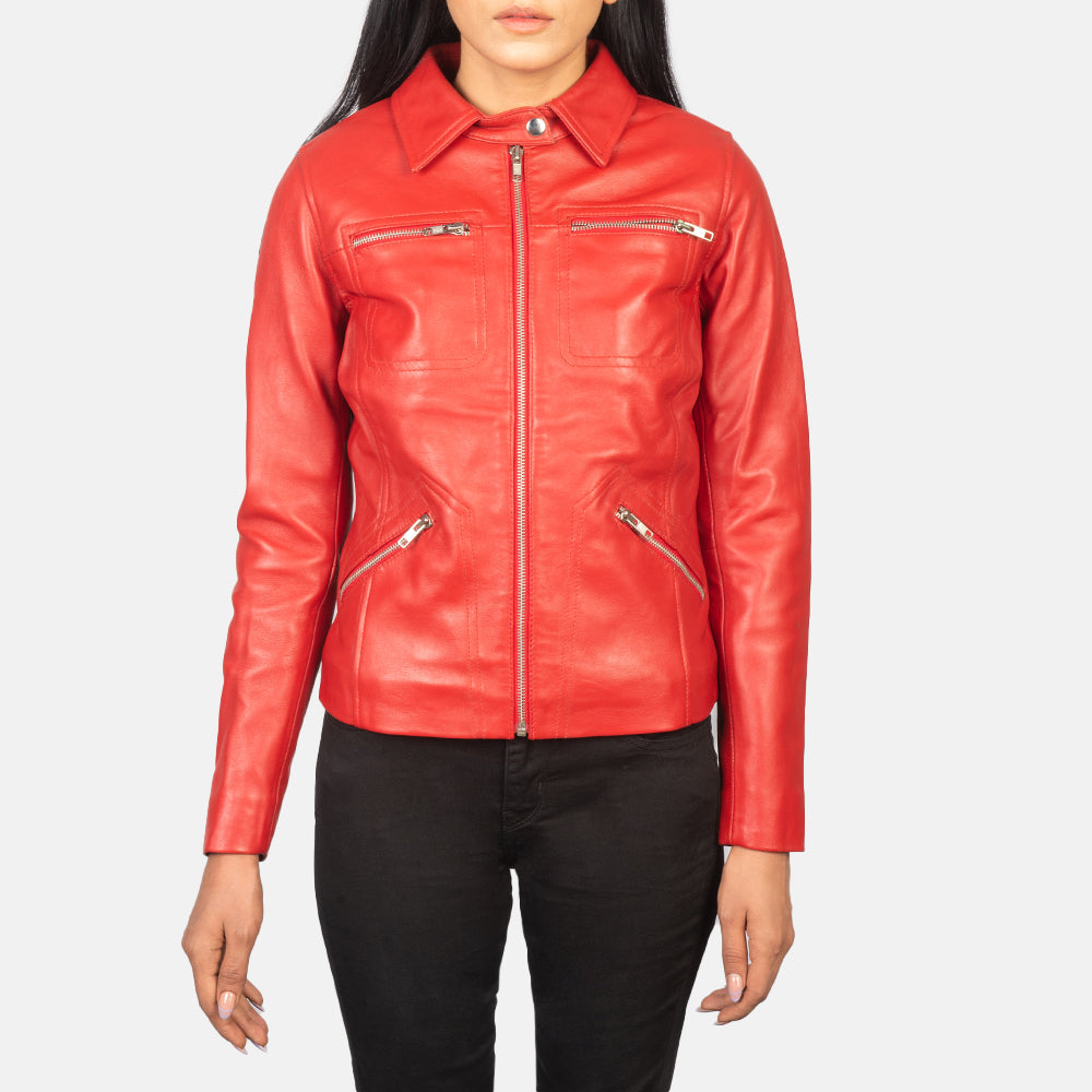 
细节特写 of Shirt with Snap Button & Zipper Hardware on Tomachi Red Leather Jacket