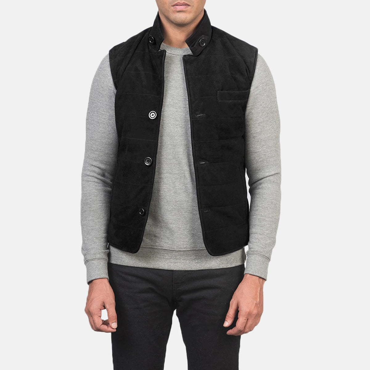 Men's Tony 黑色 Suede Vest 男士 in Black Goatskin Suede - Front Profile View &amp; Tailored Silhouette | Buy Online