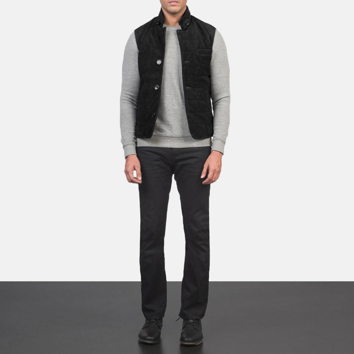 Men's Tony 黑色 Suede Vest 男士 - Lateral Side Profile View Showing Sleeve Cut &amp; Athletic Taper Fit