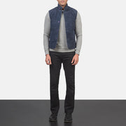 Men's Tony Blue Suede Vest 男士 - Lateral Side Profile View Showing Sleeve Cut &amp; Athletic Taper Fit