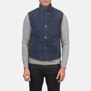 Close-Up Detail of Notch with removable throat latch &amp; Button Hardware on Men's Tony Blue Suede Vest 男士