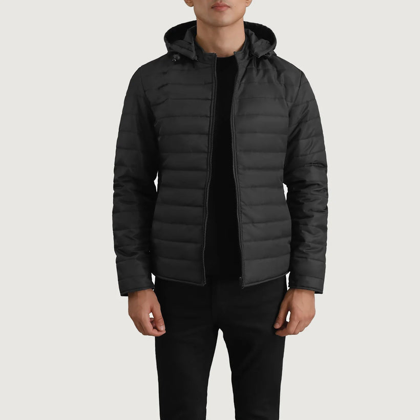 Tyler 经典黑 Hooded Puffer 真皮夹克 男士