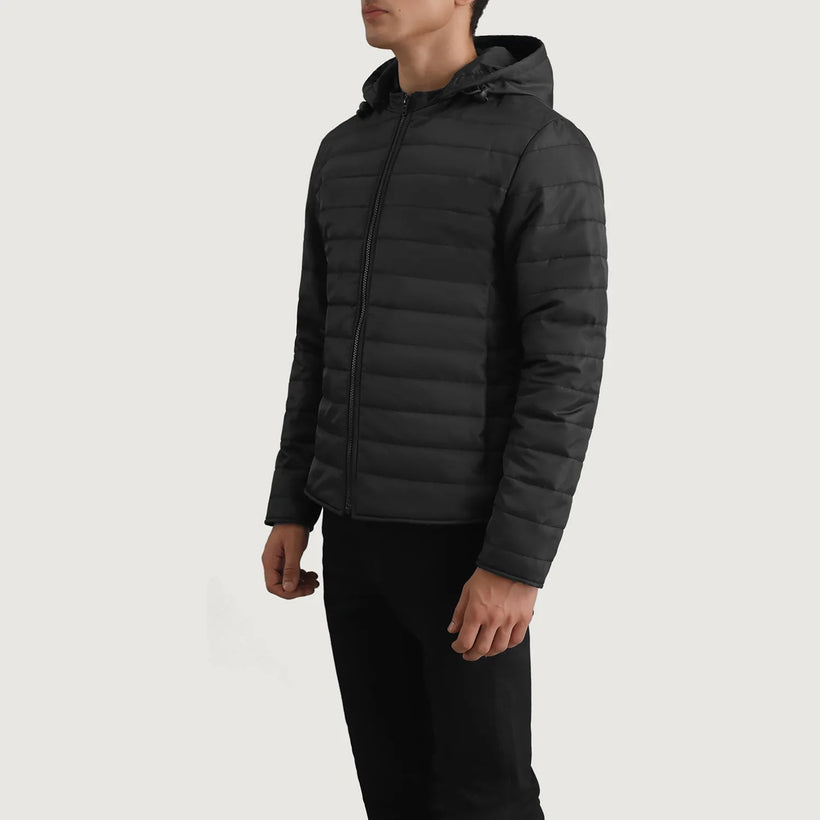 Tyler 经典黑 Hooded Puffer 真皮夹克 男士