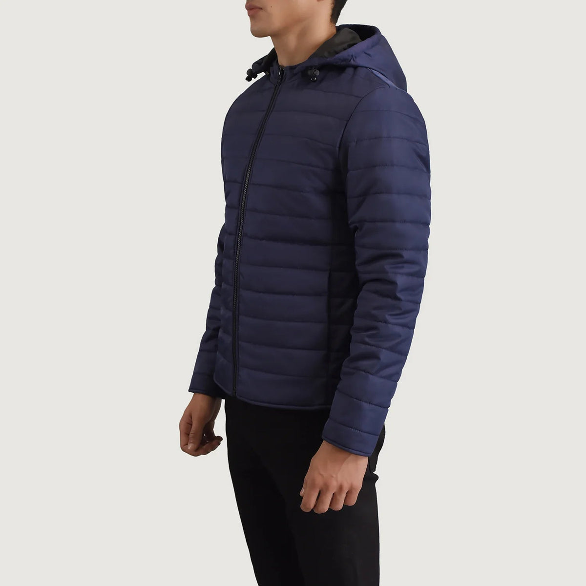 
Blue Full-Grain Leather Hooded Jacket - 展现肩线贴合与利落下摆的背部视角