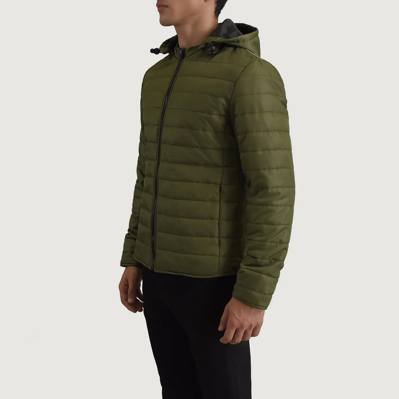 Tyler 墨绿色 Hooded Puffer 真皮夹克 男士