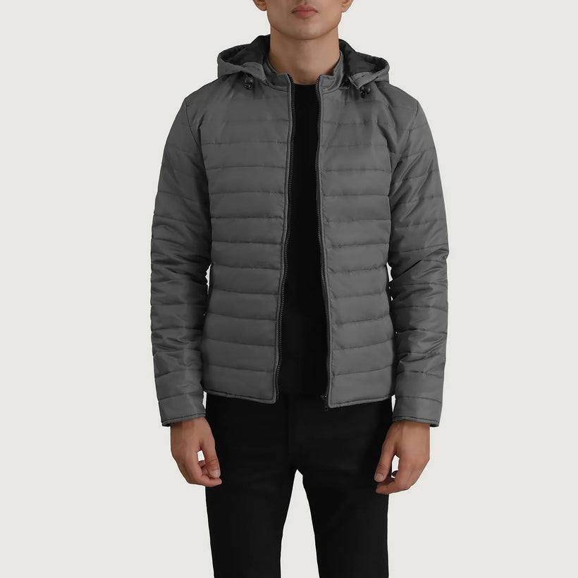 Tyler Grey Hooded Puffer 真皮夹克 男士