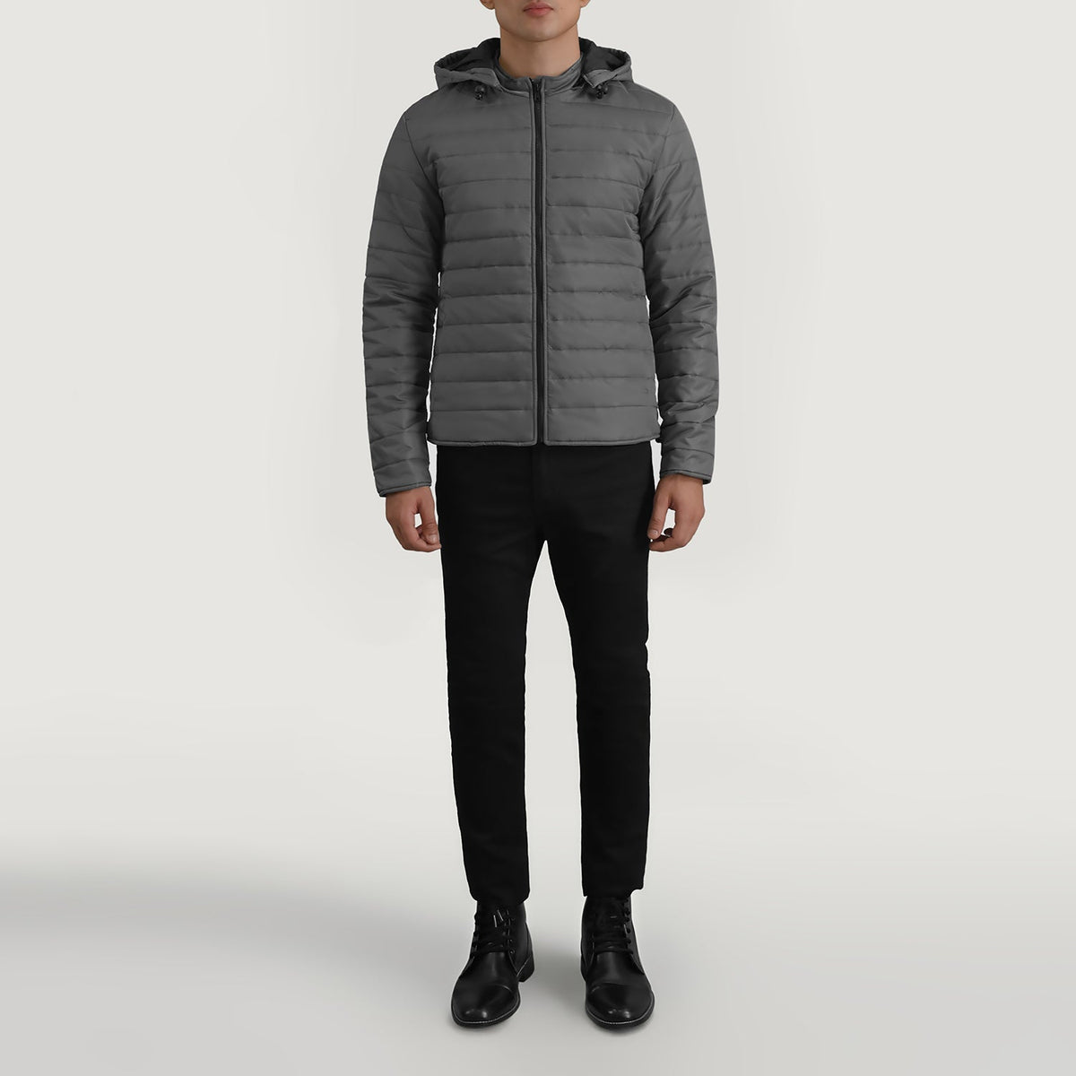 Tyler Grey Hooded Puffer Jacket - Lateral Side Profile View Showing Sleeve Cut &amp; Athletic Taper Fit