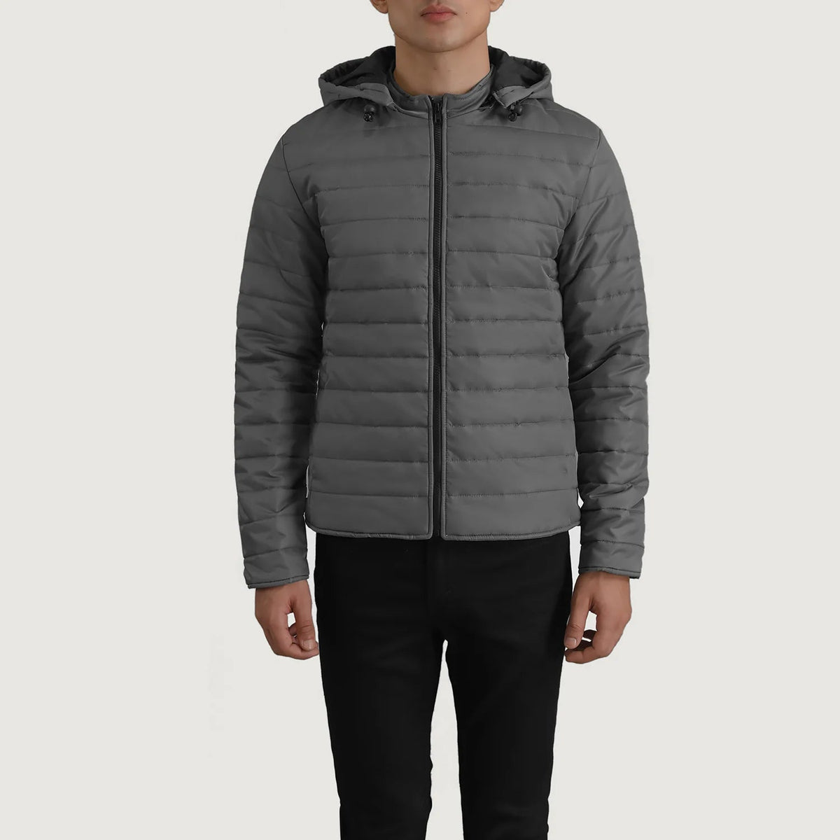 Close-Up Detail of Classic Collar &amp; Zipper Hardware on Tyler Grey Hooded Puffer Jacket