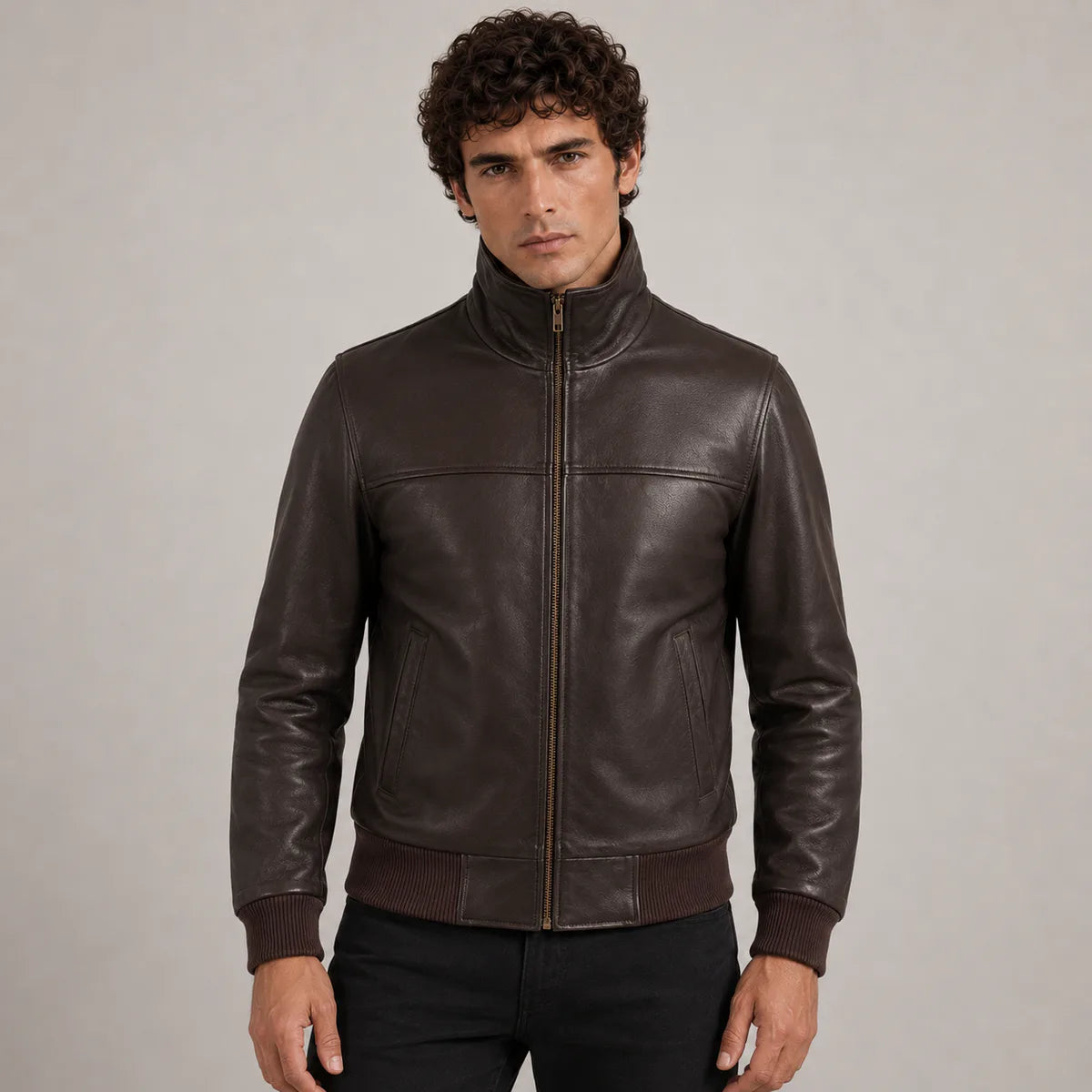 Dark Brown Sheepskin Leather Bomber Jacket in Dark Brown Authentic Sheepskin &Amp; Shearling - 正面版型与定制立体剪裁轮廓 | 官方商城选购