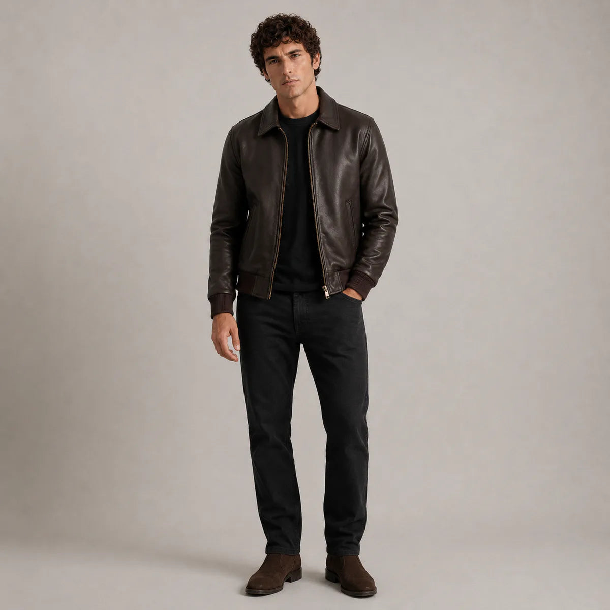 Dark 棕色 Sheepskin 真皮飞行员夹克 男士 - Lateral Side Profile View Showing Sleeve Cut &amp; Athletic Taper Fit