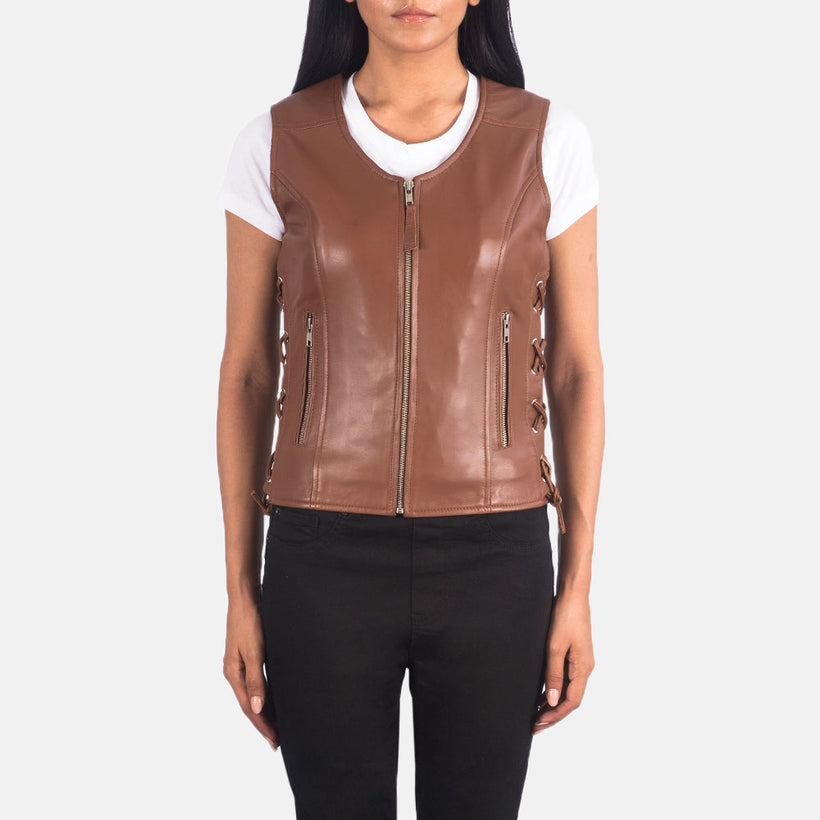 Vanda 复古棕 Leather Biker Vest 女士