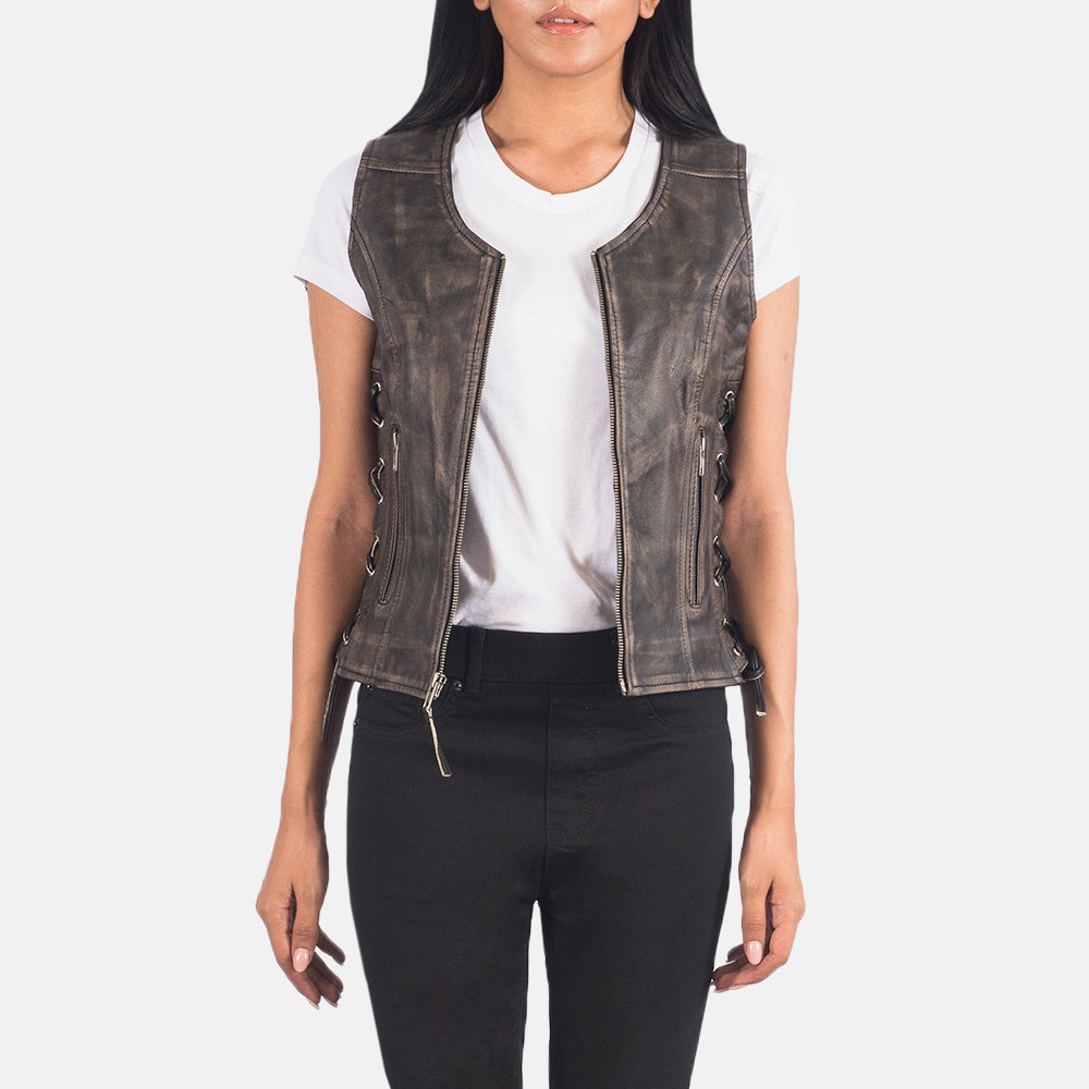 
Vanda Distressed 复古棕 Leather Biker Vest 女士 in Distressed Brown Goatskin Leather - 正面版型与定制立体剪裁轮廓 | 官方商城选购