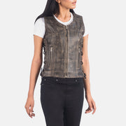 
Distressed Brown Goatskin Leather Biker Jacket - 展现肩线贴合与利落下摆的背部视角