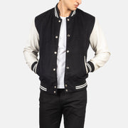 
Vaxton 经典黑 & White Hybrid Varsity 真皮夹克 男士 in Black & White Sheepskin Leather - 正面版型与定制立体剪裁轮廓 | 官方商城选购