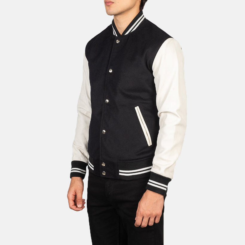 Vaxton 黑色 & White Hybrid Varsity 真皮夹克 男士