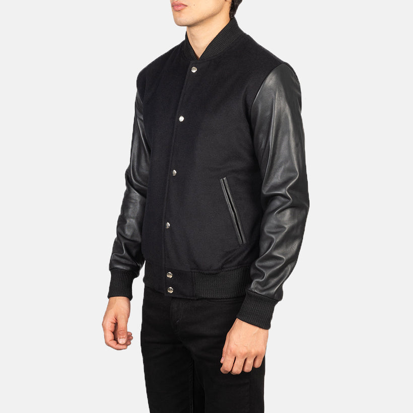Vaxton 黑色 Hybrid Varsity 真皮夹克 男士