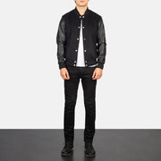 Men's Vaxton 黑色 Hybrid Varsity 真皮夹克 男士 - Lateral Side Profile View Showing Sleeve Cut &amp; Athletic Taper Fit