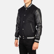 
Black Sheepskin Leather Varsity Jacket - 展现肩线贴合与利落下摆的背部视角