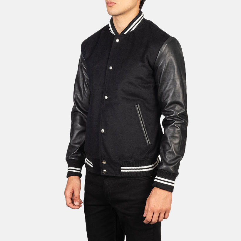 Vaxton 黑色 Striped Hybrid Varsity 真皮夹克 男士