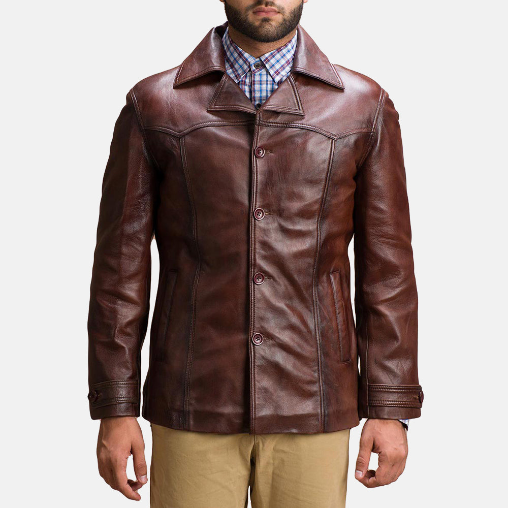 
Vincent Alley 复古棕 真皮夹克 男士 in Brown Sheepskin Leather - 正面版型与定制立体剪裁轮廓 | 官方商城选购
