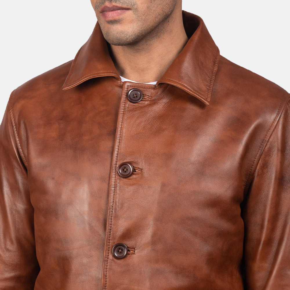 Waffle 棕色 真皮夹克 男士 - Lateral Side Profile View Showing Sleeve Cut &amp; Athletic Taper Fit