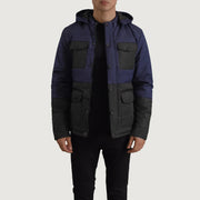 
Wayne 经典黑 & 深海蓝 Hooded Puffer 真皮夹克 男士 in Black + Blue Full-Grain Leather - 正面版型与定制立体剪裁轮廓 | 官方商城选购