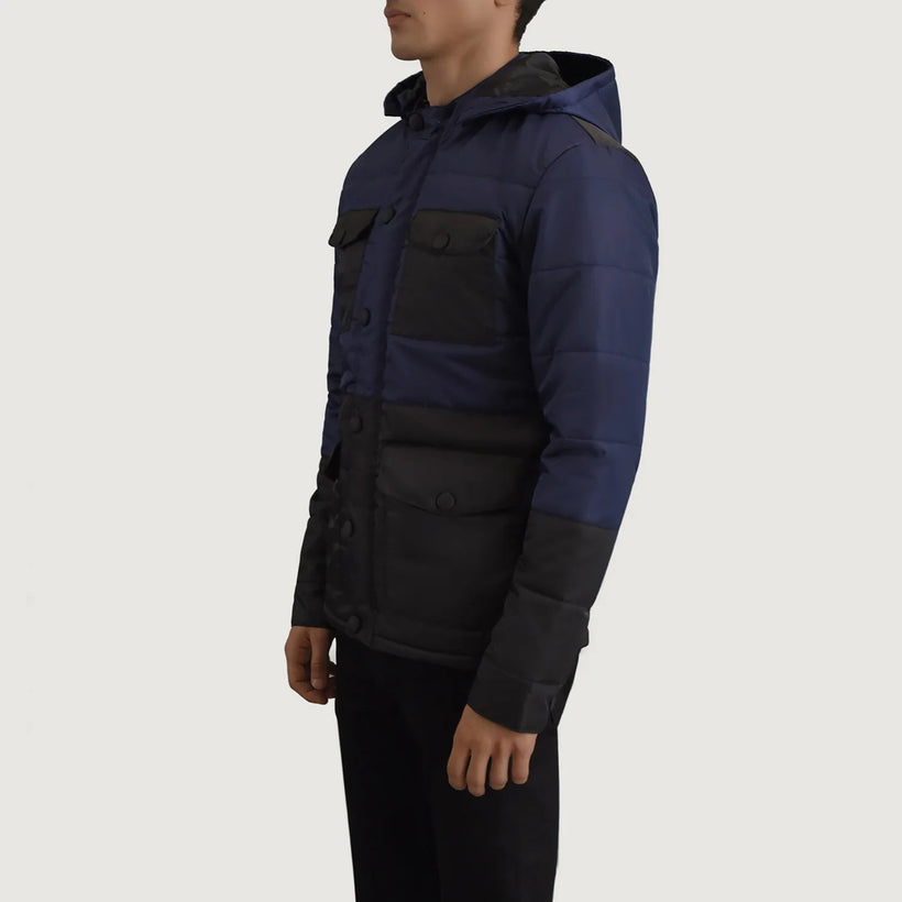 Wayne 经典黑 & 深海蓝 Hooded Puffer 真皮夹克 男士