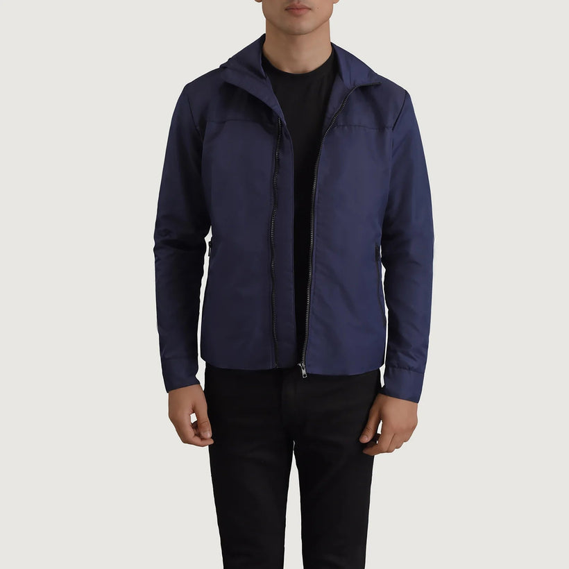 Wesley 深海蓝 Hooded Windbreaker 真皮夹克 男士