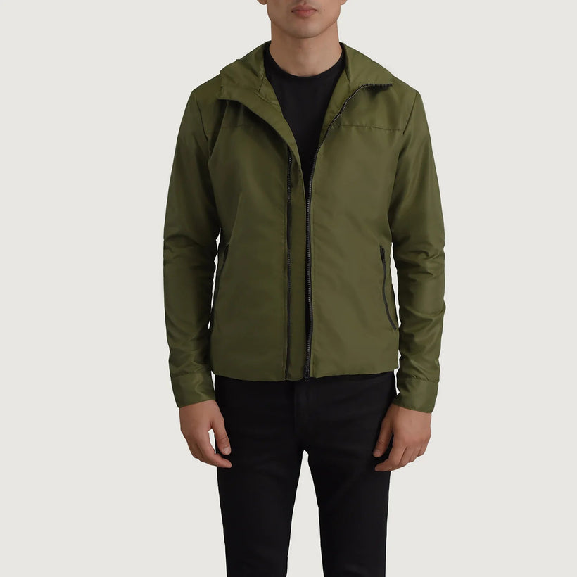 Wesley 墨绿色 Hooded Windbreaker 真皮夹克 男士