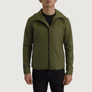 
细节特写 of Classic Collar & Zipper With Inside Wind Flap. Hardware on Wesley 墨绿色 Hooded Windbreaker 真皮夹克 男士