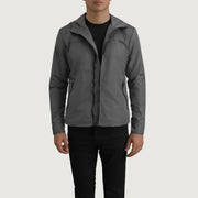 
Wesley Grey Hooded Windbreaker 真皮夹克 男士 in Grey Full-Grain Leather - 正面版型与定制立体剪裁轮廓 | 官方商城选购